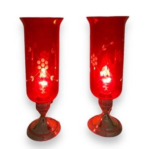 Crest Silver Company Weighted Sterling Lamps with Red‎ Etched Glass- Set of 2